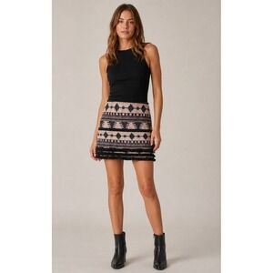 TOPSHOP Festival Skirt Womens 4 Black Pink‎ Cotton Aztec Print Fringe Lined